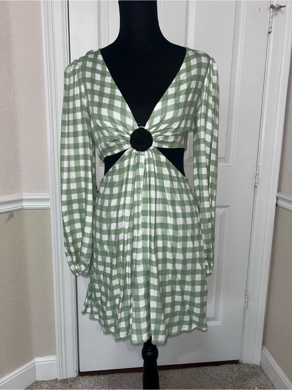 Forever 21 Sage Green and White Gingham Long Sleeve Ring Cutout Dress